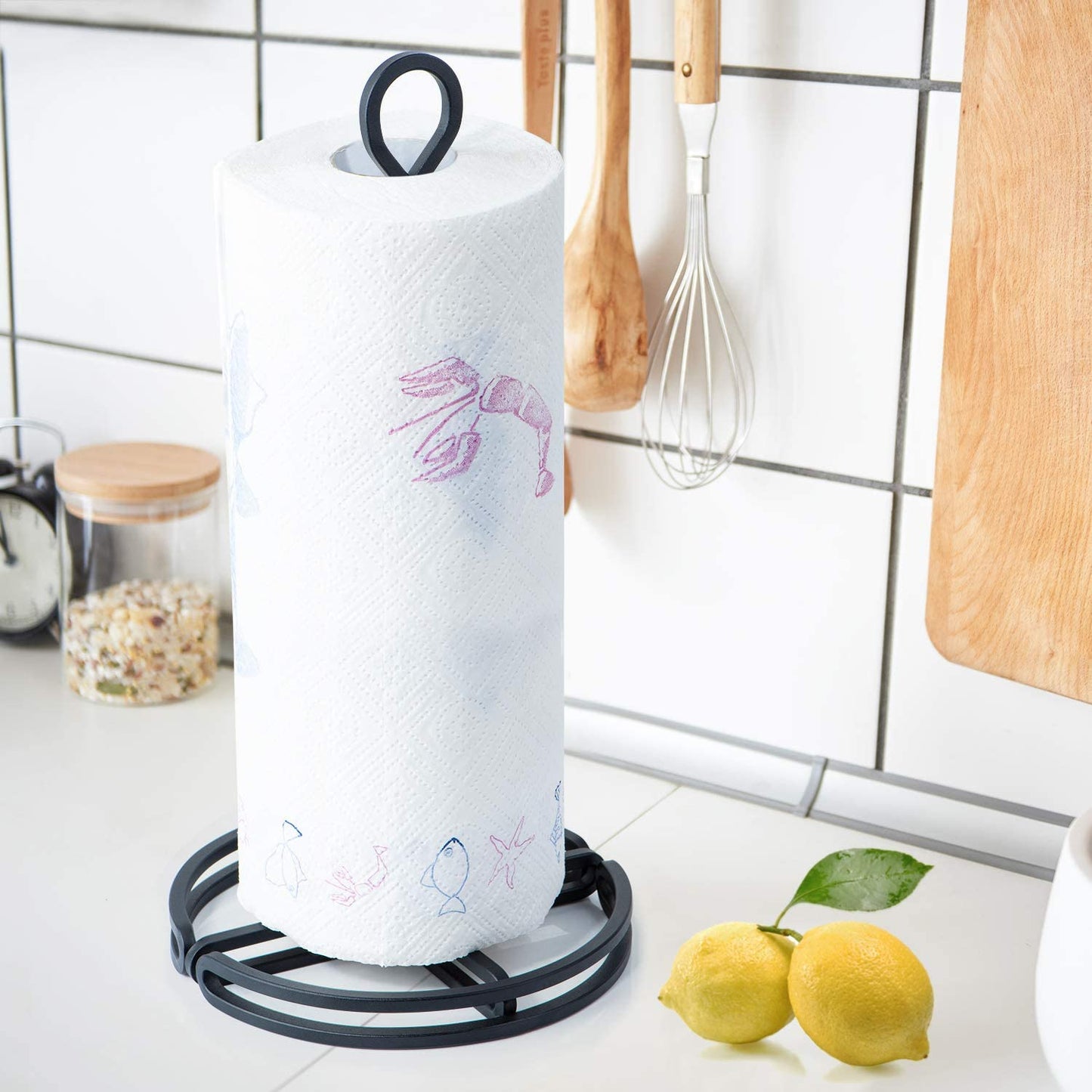 SRIWATANA Sturdier Paper Towel Holder, Simply-Tear Paper Towel Stand Rack with 2-Tier Metal Base,