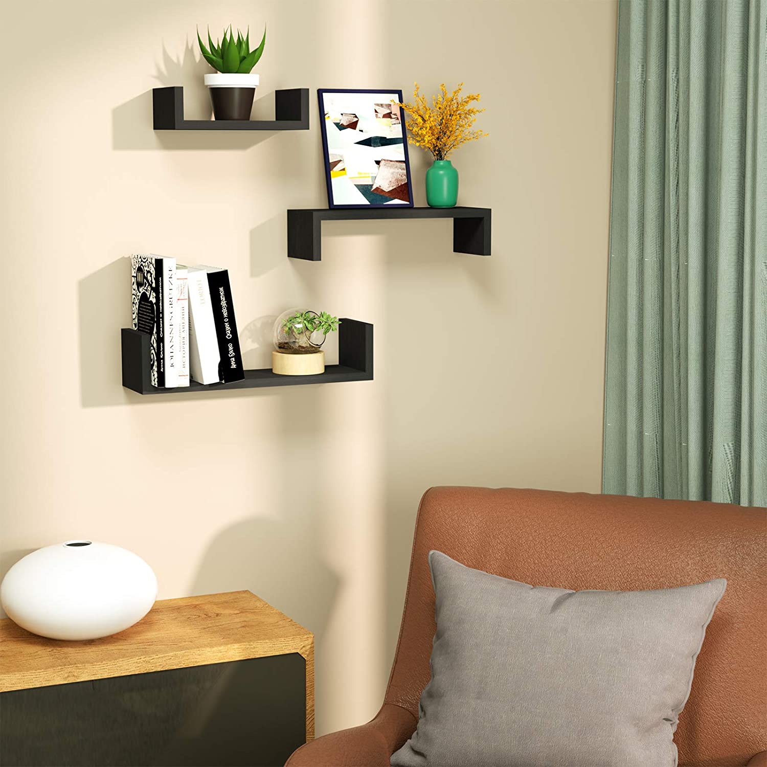 SRIWATANA® Carbonized Black Floating Shelves Wall Mounted (Set of 3)