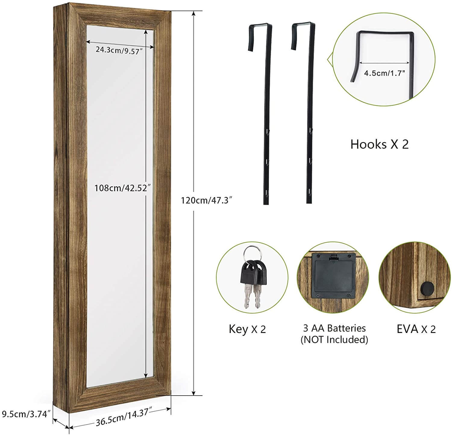 SRIWATANA® Jewelry Armoire Cabinet with Full-Length Mirror WallDoor Mounted
