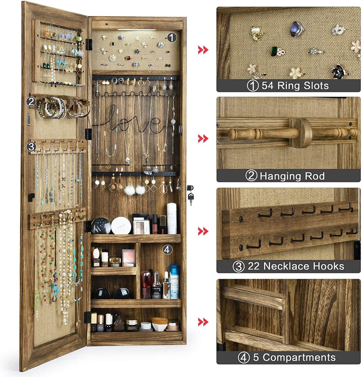 SRIWATANA® Jewelry Armoire Cabinet with Full-Length Mirror WallDoor Mounted