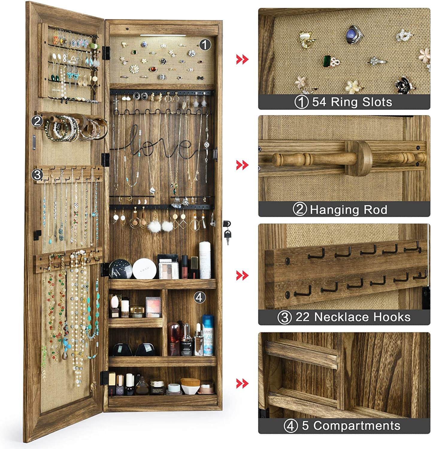 SRIWATANA® Jewelry Armoire Cabinet with Full-Length Mirror WallDoor Mounted