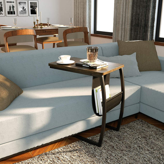 SRIWATANA® Vintage Sofa Side Couch Table with Side Pocket (Dark Walnut)