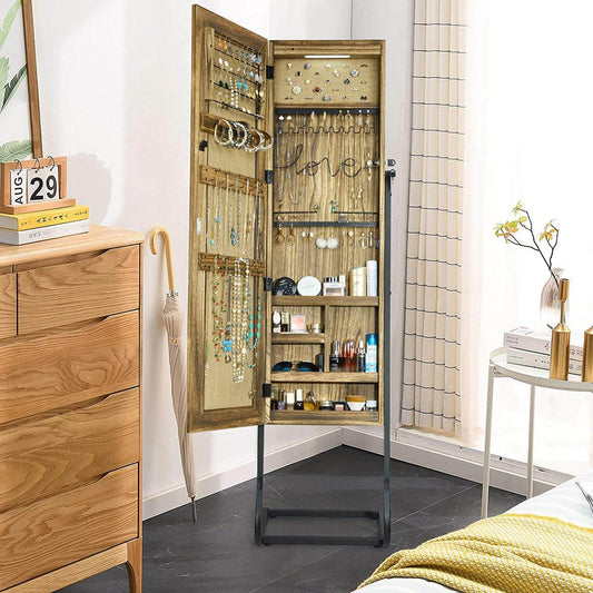 Solid Wood Standing Jewelry Organizer with Full-Length Mirror