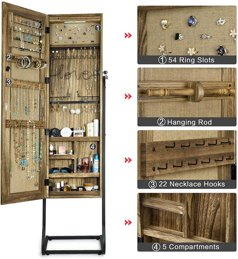 Solid Wood Standing Jewelry Organizer with Full-Length Mirror