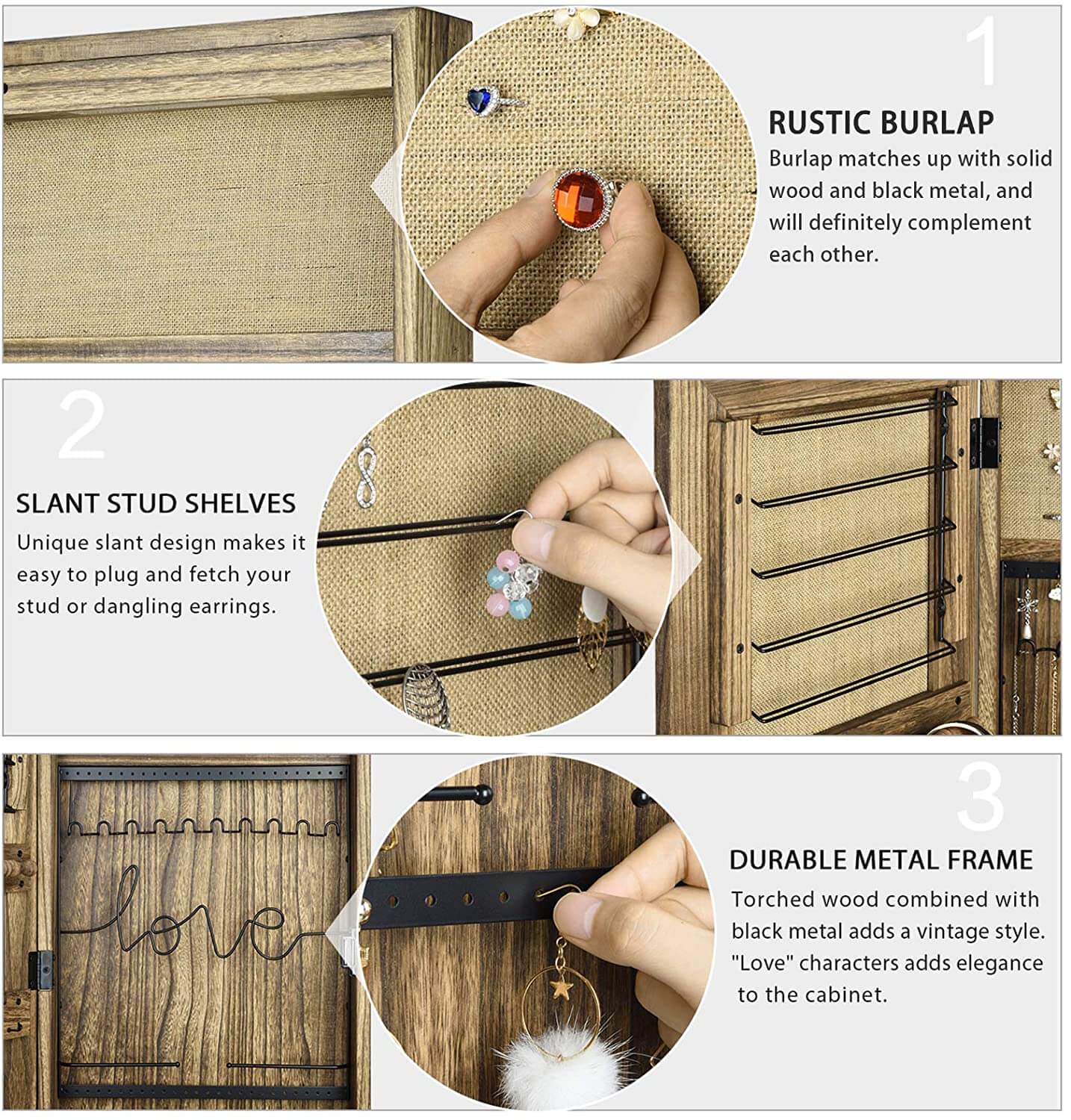 Solid Wood Standing Jewelry Organizer with Full-Length Mirror