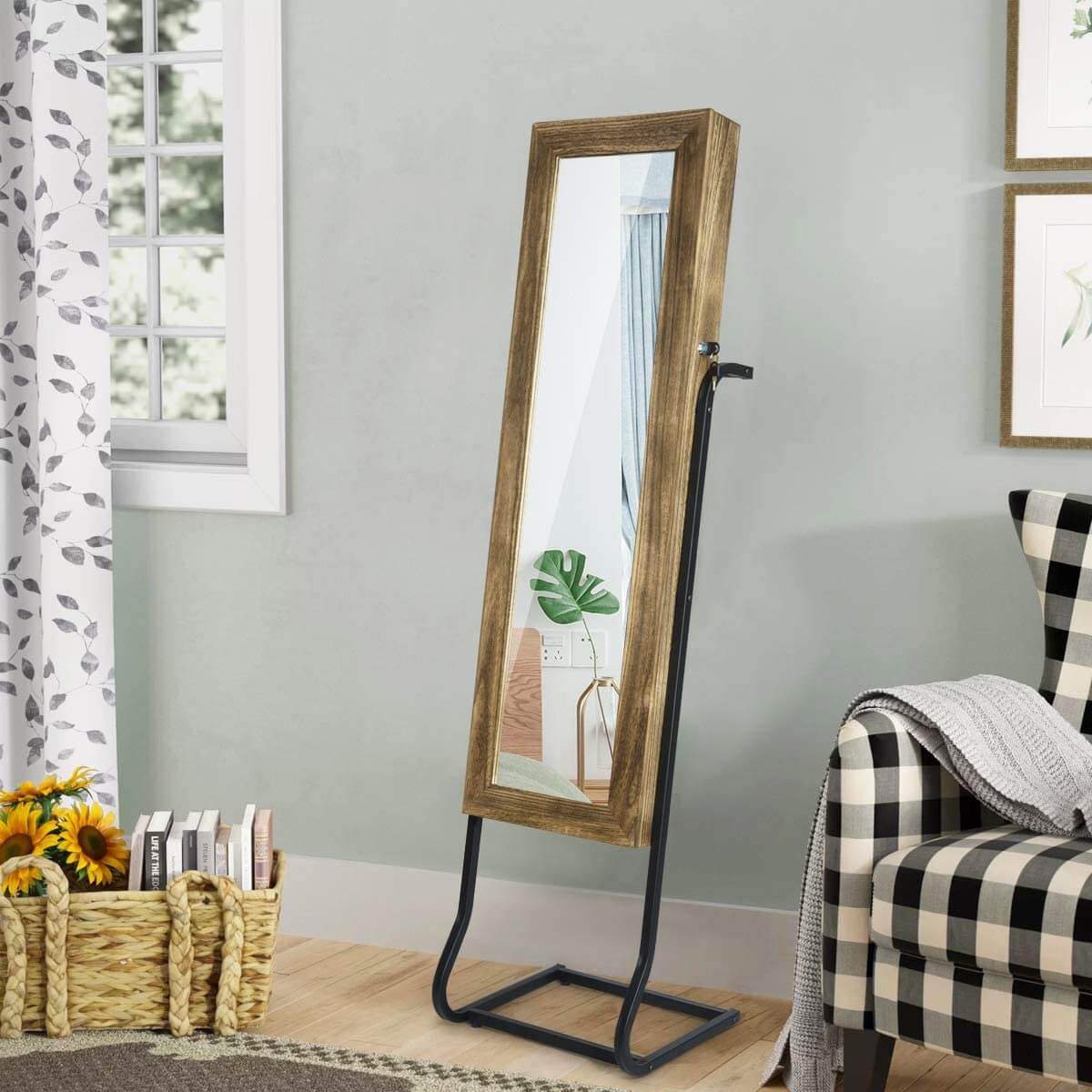 Solid Wood Standing Jewelry Organizer with Full-Length Mirror