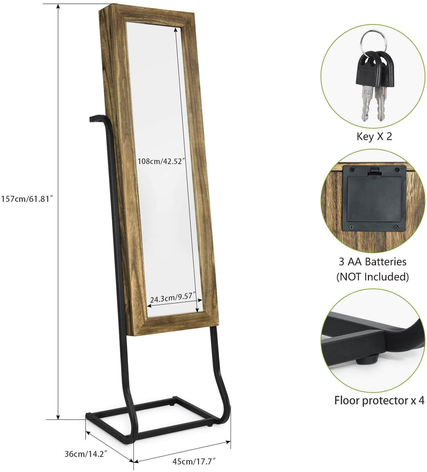 Solid Wood Standing Jewelry Organizer with Full-Length Mirror