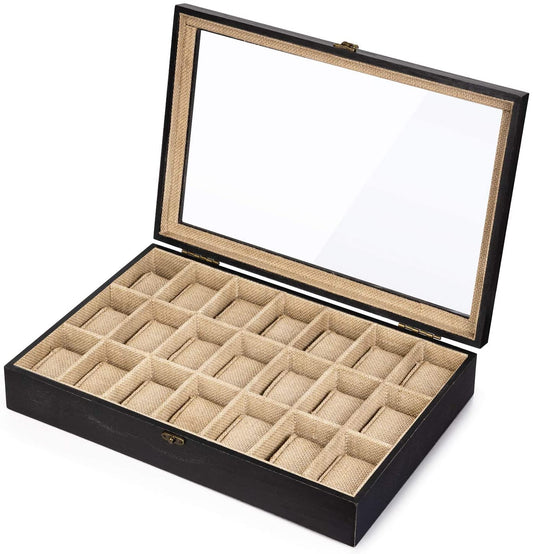 SRIWATANA Weathered Black Watch Box Case Organizer Display (21 Slot Wood Box)