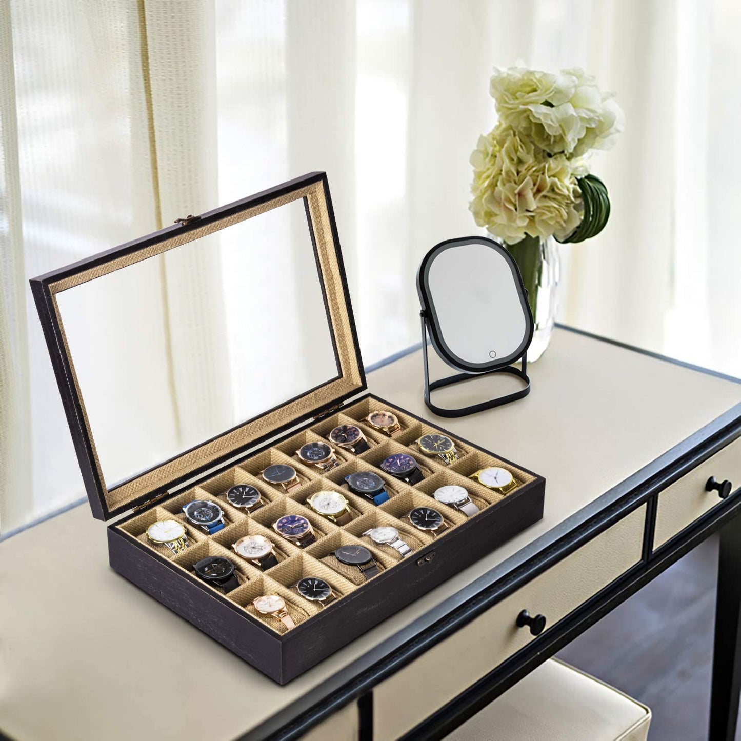 Weathered Black Watch Box Case Organizer Display (21 Slot Wood Box)
